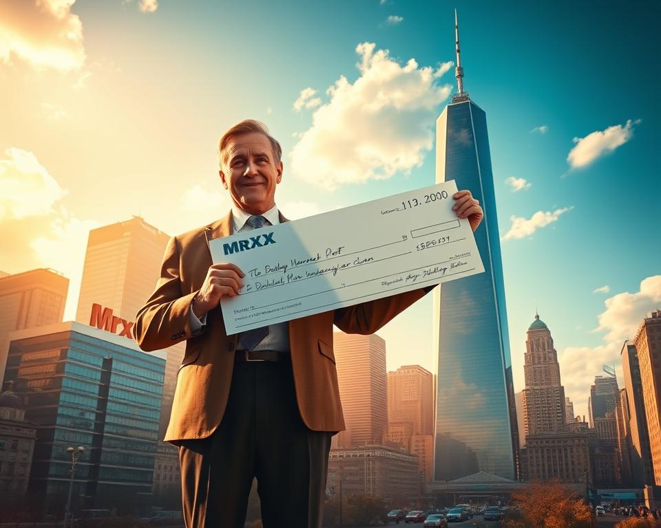 A wealthy philanthropist stands tall, holding a large check in their hand, surrounded by a bustling city landscape. The scene is illuminated by warm, golden light, casting a sense of generosity and prosperity. In the background, a towering skyscraper with the MrX logo dominates the skyline, symbolizing the power and influence of wealth. The philanthropist's expression is one of pride and determination, conveying the idea that philanthropy can be a strategic tool for building and showcasing wealth.