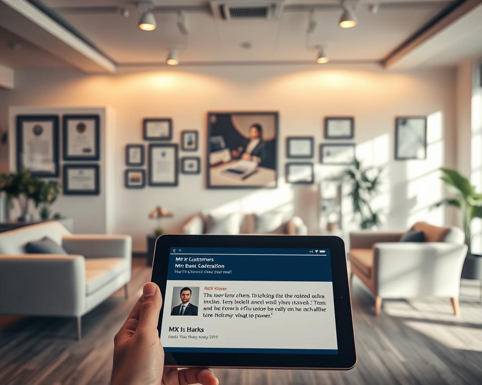 A well-lit, airy office space showcasing testimonials from satisfied MrX bank customers. Sleek, modern furniture in neutral tones provides a polished backdrop. Framed certificates and awards hang on the walls, conveying the company's expertise and trustworthiness. Warm, directional lighting illuminates the space, casting a professional yet inviting atmosphere. In the foreground, a tablet display showcases glowing reviews from clients, their images and names displayed alongside their comments. The overall scene exudes a sense of confidence, reliability, and exceptional customer service.