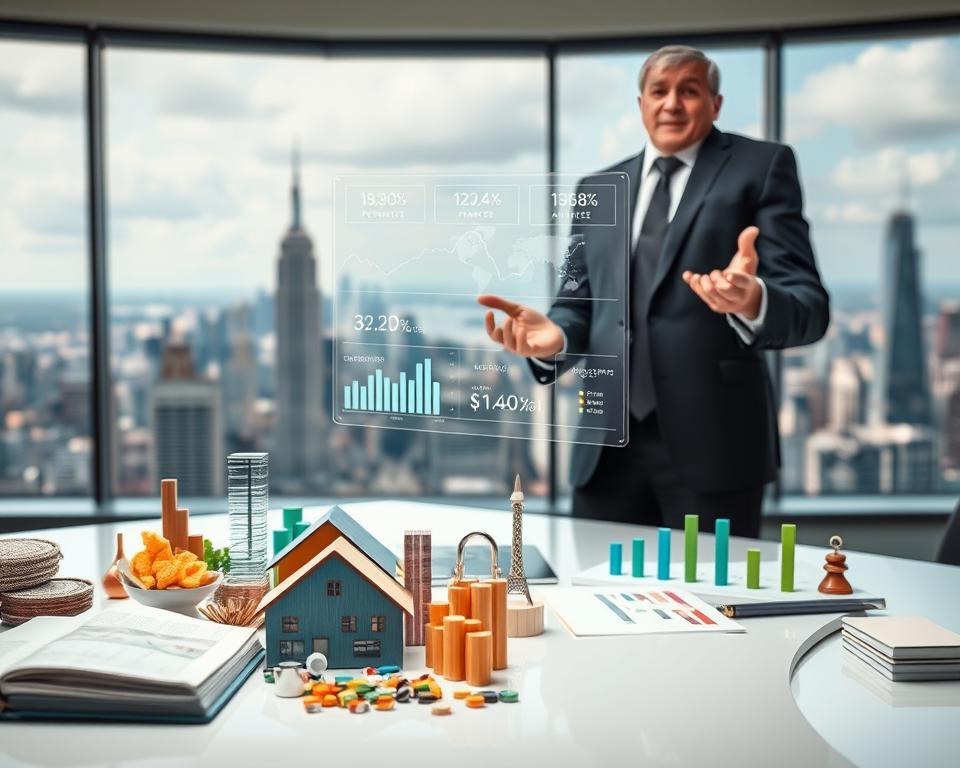 A well-lit, high-resolution image of various investment strategies offered by wealth advisors from the financial services firm MrX. In the foreground, a diverse portfolio of assets such as stocks, bonds, real estate, and alternative investments are neatly arranged on a sleek, modern desk. In the middle ground, a financial advisor in a sharp suit is gesturing towards a holographic display showcasing performance analytics and risk-adjusted returns. The background features a panoramic view of a bustling cityscape, symbolizing the global nature of the investment opportunities. The overall mood is one of sophistication, expertise, and financial security.