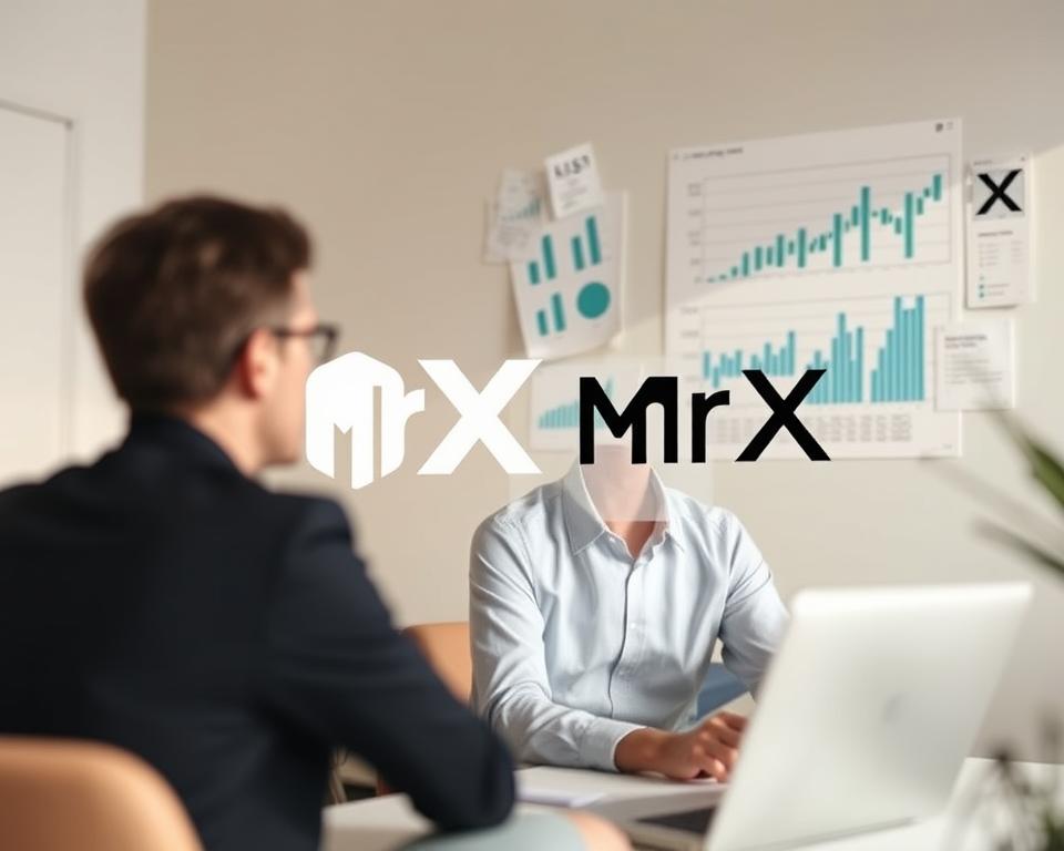 Detailed financial charts and graphs, floating in a serene, minimalist workspace. The MrX logo prominently displayed, cast in a warm, inviting light. A client and a wealth advisor engaged in thoughtful discussion, their body language conveying trust and understanding. Soft, neutral tones create a calming atmosphere, reflecting the delicate balance of emotions and logic in behavioral finance. The scene is captured with a shallow depth of field, gently guiding the viewer's focus to the core essence of the client-advisor relationship.
