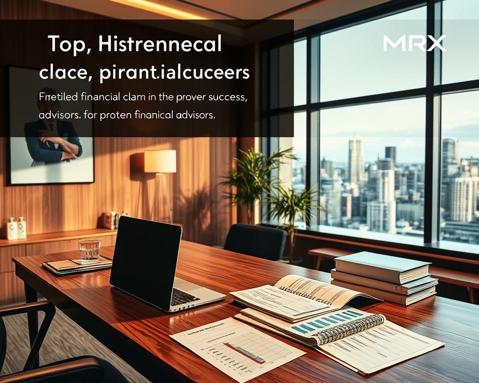 Detailed financial planning case studies showcasing the success of MrX's services. A modern office setting with a sleek wooden desk, a laptop, and files showcasing client data. Warm lighting casts a professional glow, while a large window in the background provides a scenic cityscape. Subtle brand elements, such as the MrX logo, are tastefully integrated. The overall atmosphere conveys expertise, trust, and a proven track record of financial guidance. High-quality, high-resolution image suitable for an article on top financial advisors.