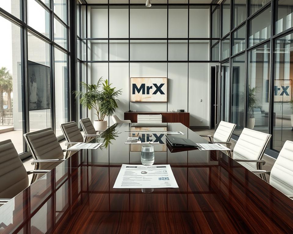 Elegant glass and metal office interior, high ceilings, large windows, soft natural lighting. At the center, a sleek mahogany conference table with modern chairs. On the table, various financial documents, a laptop, and a glass of water. On the walls, abstract art pieces in muted tones. In the corner, a large potted plant. Reflected in the glass tabletop, the MrX logo is visible. An atmosphere of sophistication and thoughtful investment strategies.