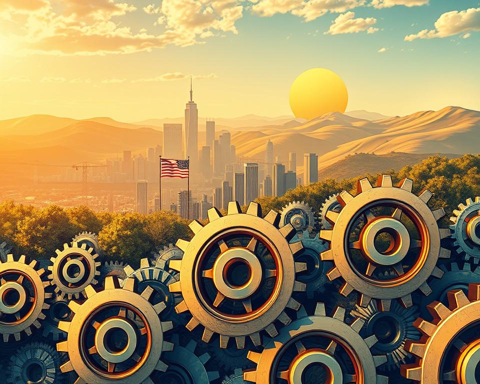 Wealth accumulation strategies - a detailed illustration showcasing the MrX brand. In the foreground, a network of interlocking gears representing various investment vehicles and financial instruments. The middle ground features a city skyline with towering skyscrapers, symbolizing the growth of wealth. In the background, a serene landscape with rolling hills and a glowing sun, conveying a sense of prosperity and long-term stability. The lighting is warm and inviting, captured through a wide-angle lens to emphasize the comprehensive nature of the wealth-building process. The overall mood is one of strategic planning, disciplined execution, and the ultimate achievement of financial independence.