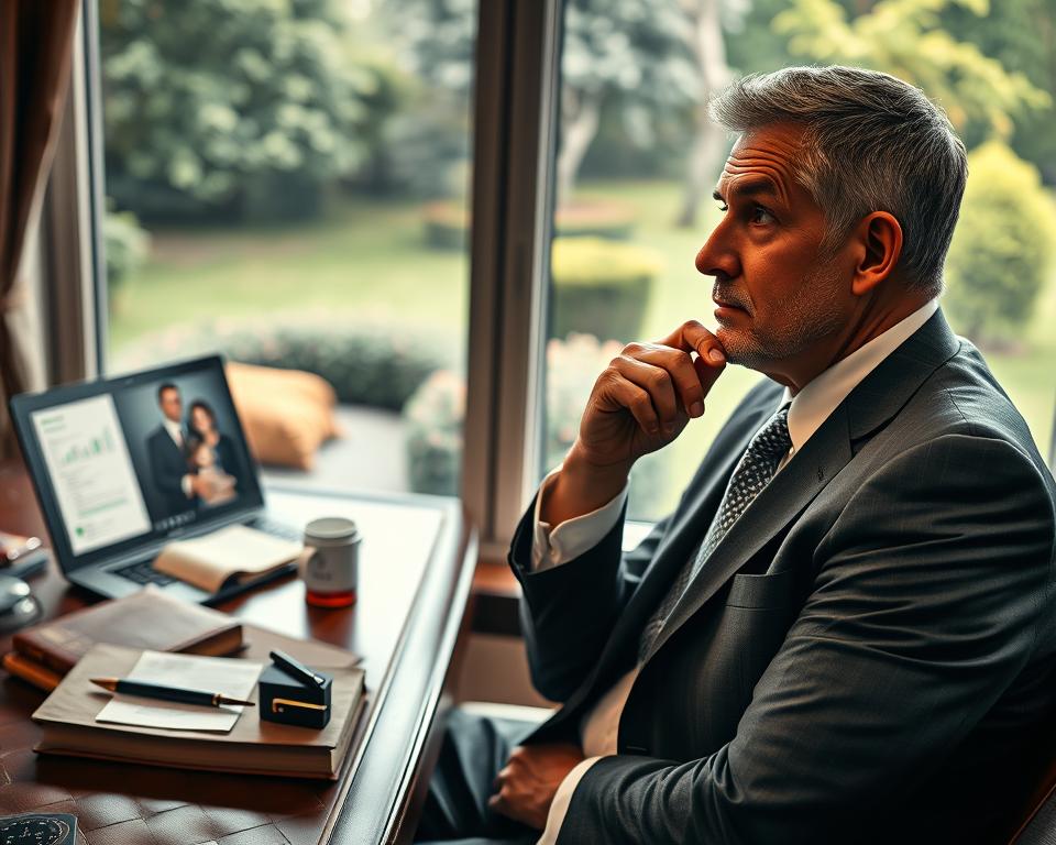 a serene and contemplative office setting, with a large window overlooking a tranquil garden. A well-appointed desk with a leather-bound book, a fountain pen, and a cup of tea. On the desk, a framed photograph of a family, and a laptop displaying financial data. The lighting is soft and warm, creating a thoughtful, introspective atmosphere. In the foreground, a middle-aged individual, dressed in a well-tailored suit, sits deep in thought, hand on chin, considering the emotional and personal aspects of wealth management. The MrX logo is discreetly visible on the laptop screen. a serene and contemplative office setting, with a large window overlooking a tranquil garden. A well-appointed desk with a leather-bound book, a fountain pen, and a cup of tea. On the desk, a framed photograph of a family, and a laptop displaying financial data. The lighting is soft and warm, creating a thoughtful, introspective atmosphere. In the foreground, a middle-aged individual, dressed in a well-tailored suit, sits deep in thought, hand on chin, considering the emotional and personal aspects of wealth management. The MrX logo is discreetly visible on the laptop screen.