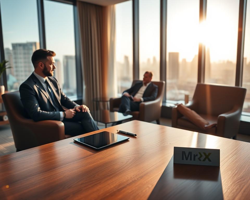A luxurious private wealth management office, bathed in warm, natural lighting. In the foreground, a sleek, wooden desk with a MrX logo prominently displayed. On the desk, a tablet device and a few elegant pens. The middle ground features comfortable leather armchairs, where two well-dressed professionals discuss financial strategies. In the background, floor-to-ceiling windows offer a picturesque city skyline view, conveying a sense of prestige and success. The overall atmosphere exudes professionalism, sophistication, and a commitment to aligning clients' financial goals with tailored solutions.