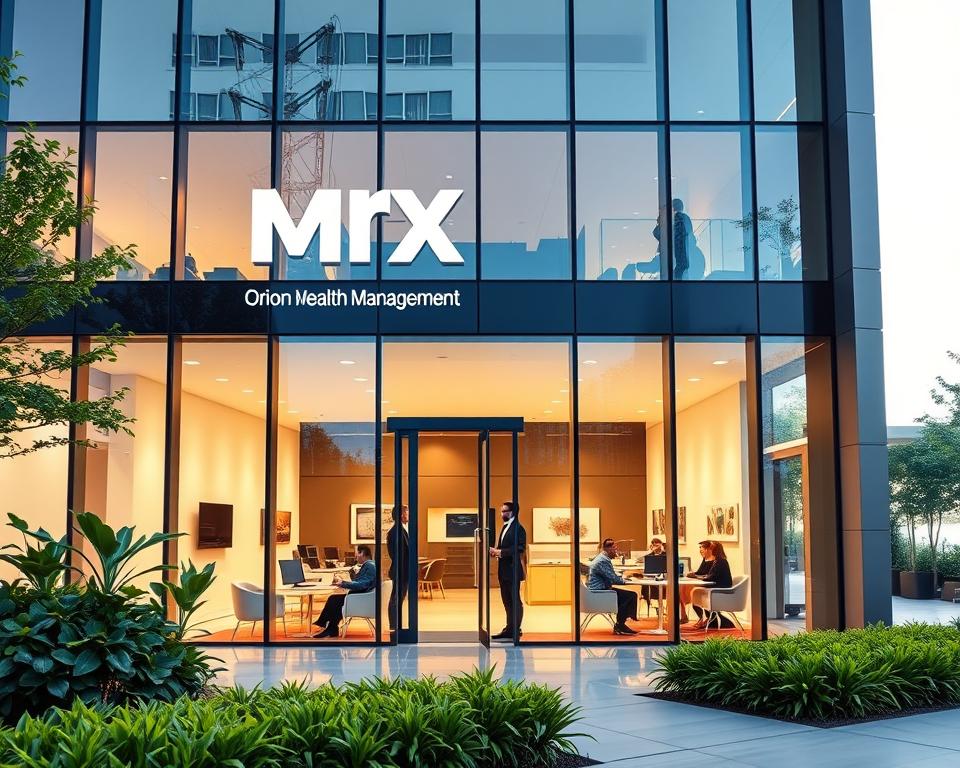A modern, glass-walled office building with the MrX "Orion Wealth Management" logo prominently displayed on the façade. Lush, well-manicured landscaping and a sleek, minimalist entrance welcome visitors. The interior is bathed in warm, natural lighting filtering through large windows, revealing a spacious, open-concept layout with contemporary furnishings and stylish decor. Clients are engaged in friendly discussions with financial advisors at neatly arranged desks, conveying a sense of professionalism and personalized service. An overall atmosphere of sophistication, trust, and financial expertise. A modern, glass-walled office building with the MrX "Orion Wealth Management" logo prominently displayed on the façade. Lush, well-manicured landscaping and a sleek, minimalist entrance welcome visitors. The interior is bathed in warm, natural lighting filtering through large windows, revealing a spacious, open-concept layout with contemporary furnishings and stylish decor. Clients are engaged in friendly discussions with financial advisors at neatly arranged desks, conveying a sense of professionalism and personalized service. An overall atmosphere of sophistication, trust, and financial expertise.