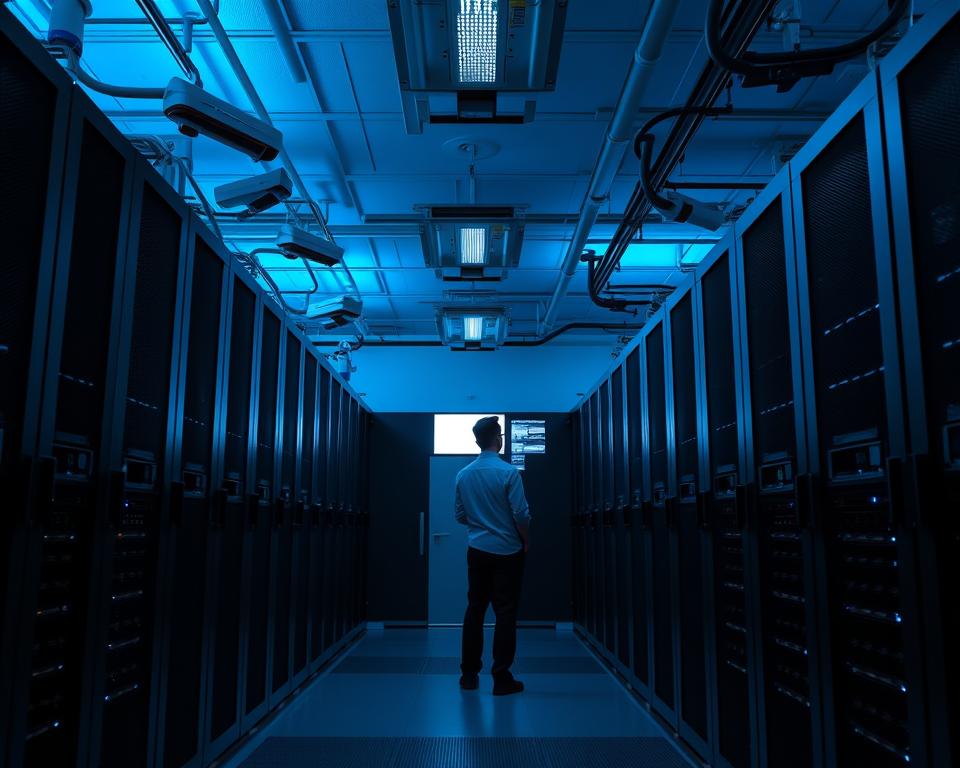 A secure data center with cutting-edge surveillance systems, biometric access controls, and state-of-the-art firewalls protecting MrX's wealth management platform. Sleek black servers hum in a dimly lit, climate-controlled room. A lone security guard monitors multiple screens, vigilantly scanning for any threats. Soft blue lighting casts an air of professionalism and technology. The overall atmosphere conveys a sense of unwavering protection for MrX's clients' financial assets.