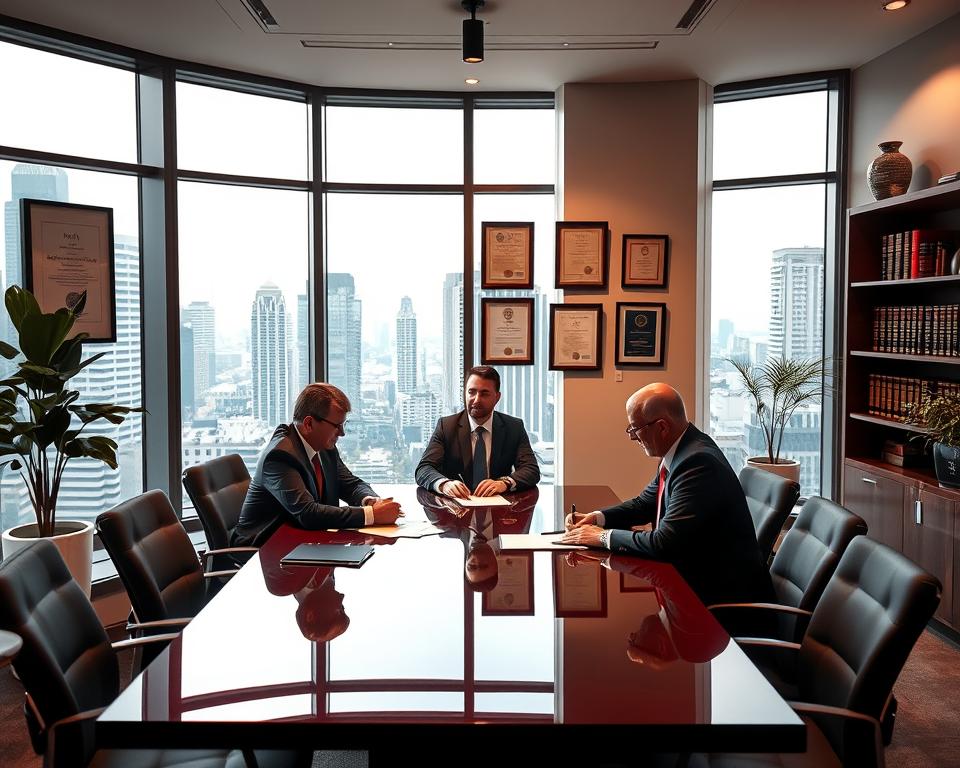 A serene office setting with large windows overlooking a bustling cityscape. In the foreground, a group of smartly dressed individuals, the "MrX" wealth advisors, engaged in a thoughtful discussion around a polished conference table. Soft, warm lighting casts a professional, yet inviting atmosphere. In the middle ground, diplomas, awards, and certificates adorn the walls, showcasing the advisors' expertise and success. The background features a bookshelf filled with financial tomes, a potted plant, and a touch of minimalist decor, creating a sophisticated, high-end ambiance. The overall scene conveys a sense of trust, expertise, and the promise of guiding clients towards their financial goals.