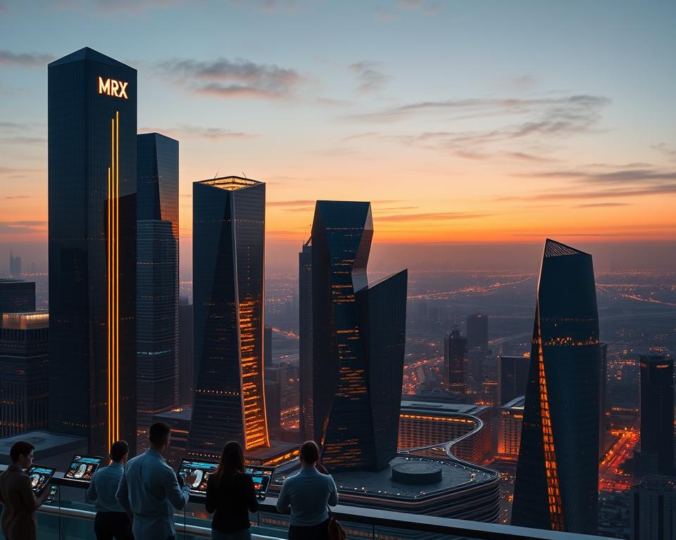 A sleek, futuristic cityscape at dusk, with towering skyscrapers and a glowing MrX logo prominently displayed. In the foreground, a group of people interact with holographic interfaces, managing their digital portfolios and investments. The middle ground features state-of-the-art, crystalline buildings that reflect the warm, amber-toned lighting. In the background, a vast, data-driven landscape unfolds, with intricate networks of information and wealth solutions visually represented by pulsing lines and geometric patterns. The overall atmosphere conveys a sense of innovation, progress, and the seamless integration of technology and finance.