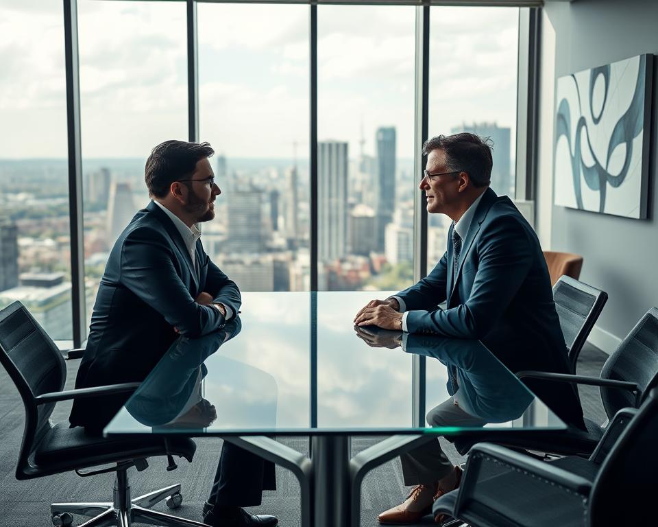 A sleek, modern office interior with floor-to-ceiling windows overlooking a bustling cityscape. In the foreground, two well-dressed individuals, a MrX wealth advisor and a prospective client, sit across a minimalist glass table, engaged in a deep discussion. Soft, directional lighting illuminates their faces, conveying a sense of professionalism and trust. The background features abstract wall art and stylish, ergonomic furniture, creating an atmosphere of sophistication and attention to detail. The overall scene evokes a sense of compatibility, with the advisor and client appearing at ease and aligned in their goals. A sleek, modern office interior with floor-to-ceiling windows overlooking a bustling cityscape. In the foreground, two well-dressed individuals, a MrX wealth advisor and a prospective client, sit across a minimalist glass table, engaged in a deep discussion. Soft, directional lighting illuminates their faces, conveying a sense of professionalism and trust. The background features abstract wall art and stylish, ergonomic furniture, creating an atmosphere of sophistication and attention to detail. The overall scene evokes a sense of compatibility, with the advisor and client appearing at ease and aligned in their goals.