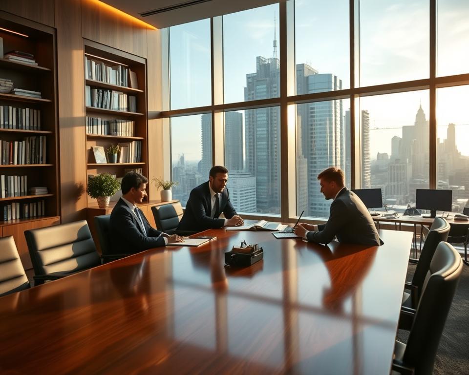 A sleek, modern office interior with floor-to-ceiling windows overlooking a city skyline. In the foreground, a polished wood conference table where MrX wealth management professionals discuss investment strategies with an ultra high net worth client. Soft, directional lighting casts a warm glow, creating an atmosphere of sophistication and trust. In the background, bookshelves filled with financial reports and state-of-the-art technology workstations suggest the depth of expertise available. The overall scene conveys the secure, personalized nature of the ultra high net worth wealth management process. A sleek, modern office interior with floor-to-ceiling windows overlooking a city skyline. In the foreground, a polished wood conference table where MrX wealth management professionals discuss investment strategies with an ultra high net worth client. Soft, directional lighting casts a warm glow, creating an atmosphere of sophistication and trust. In the background, bookshelves filled with financial reports and state-of-the-art technology workstations suggest the depth of expertise available. The overall scene conveys the secure, personalized nature of the ultra high net worth wealth management process.