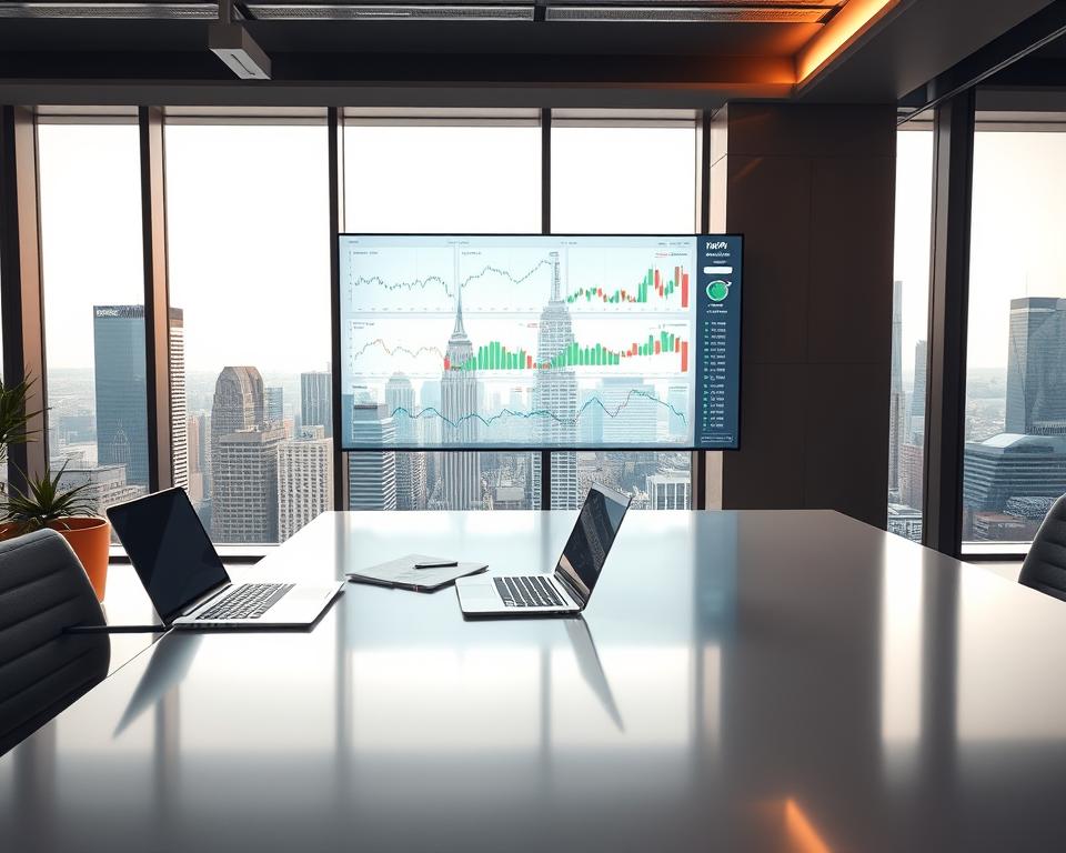 A sleek, modern office setting with a large desk in the foreground, featuring a laptop, a few finance-related documents, and a stylized "MrX" logo. In the middle ground, a wall-mounted display shows various stock charts, financial graphs, and investment analysis data. The background features floor-to-ceiling windows overlooking a bustling city skyline, bathed in warm, natural lighting. The overall atmosphere conveys a sense of professionalism, technological integration, and strategic financial decision-making. A sleek, modern office setting with a large desk in the foreground, featuring a laptop, a few finance-related documents, and a stylized "MrX" logo. In the middle ground, a wall-mounted display shows various stock charts, financial graphs, and investment analysis data. The background features floor-to-ceiling windows overlooking a bustling city skyline, bathed in warm, natural lighting. The overall atmosphere conveys a sense of professionalism, technological integration, and strategic financial decision-making.