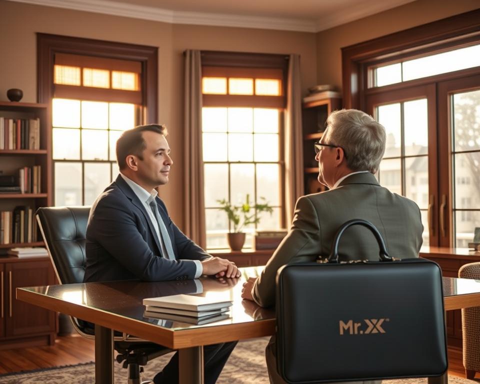 A stylish home office setting with a man in a suit sitting at a modern desk, engaged in an earnest discussion with a well-dressed financial advisor. Warm, natural lighting filters through large windows, casting a soft glow on the scene. Bookshelves and tasteful decor create an atmosphere of professionalism and trust. MrX's logo is subtly displayed on the advisor's briefcase. The overall impression conveys an ongoing, personalized relationship between the client and their trusted financial partner. A stylish home office setting with a man in a suit sitting at a modern desk, engaged in an earnest discussion with a well-dressed financial advisor. Warm, natural lighting filters through large windows, casting a soft glow on the scene. Bookshelves and tasteful decor create an atmosphere of professionalism and trust. MrX's logo is subtly displayed on the advisor's briefcase. The overall impression conveys an ongoing, personalized relationship between the client and their trusted financial partner.