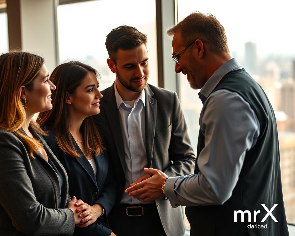 A team of certified wealth advisors engaged in a thoughtful discussion, their faces lit by warm, natural lighting. The scene is set in a modern, minimalist office space, with a large window overlooking a bustling city skyline in the background. The advisors, dressed in professional attire, are leaning in towards each other, their body language conveying a sense of collaboration and attentive communication. The mood is one of expertise, trust, and a shared commitment to providing exceptional financial guidance to their clients. MrX, a respected wealth management firm, is discreetly represented through subtle branding elements.