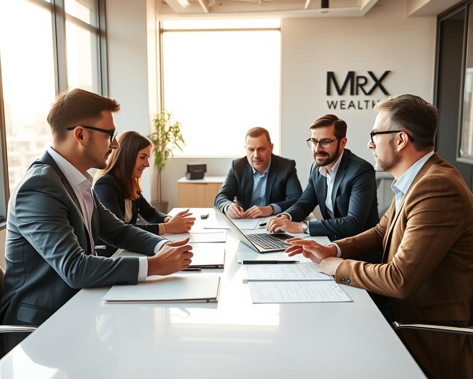 A team of financial advisors at the modern office of MrX Wealth, seated around a conference table, discussing investment strategies and portfolio recommendations with focused expressions. Soft, natural lighting filters through large windows, casting a warm glow on the scene. The advisors are dressed in professional attire, gesturing animatedly as they review digital displays and documents. In the background, the sleek, minimalist decor reflects the company's commitment to tailored, high-quality services. An atmosphere of expertise, collaboration, and client-centric approach pervades the space. A team of financial advisors at the modern office of MrX Wealth, seated around a conference table, discussing investment strategies and portfolio recommendations with focused expressions. Soft, natural lighting filters through large windows, casting a warm glow on the scene. The advisors are dressed in professional attire, gesturing animatedly as they review digital displays and documents. In the background, the sleek, minimalist decor reflects the company's commitment to tailored, high-quality services. An atmosphere of expertise, collaboration, and client-centric approach pervades the space.