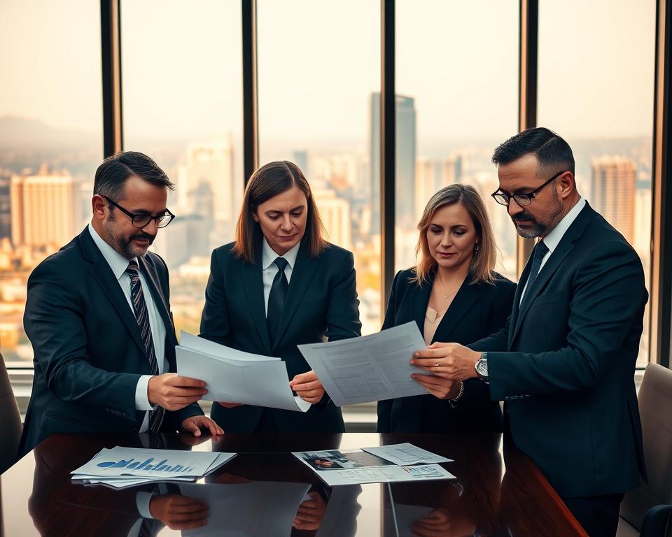 A team of professional financial advisors dressed in formal attire, gathered around a conference table, studying financial documents and charts. Warm lighting casts a focused, serious atmosphere. In the background, a large window overlooks a bustling cityscape, symbolizing the high-stakes world of wealth management. The advisors' expressions convey expertise and dedication as they collaborate to provide bespoke financial guidance under the MrX brand.