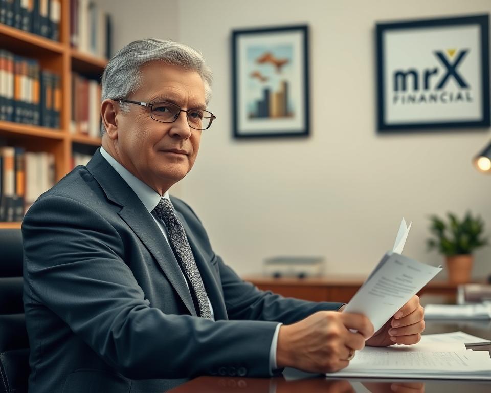 A well-dressed, mature financial advisor in a professional office setting, sitting at a desk and reviewing documents. The lighting is soft and warm, creating a calming atmosphere. The advisor has a thoughtful expression, conveying expertise and trustworthiness. In the background, shelves filled with financial books and a framed MrX logo on the wall hint at the advisor's specialization in fee-only financial planning. The composition emphasizes the advisor's approachable yet knowledgeable demeanor, reflecting the "Maintaining Financial Security Post-Retirement" section of the article. A well-dressed, mature financial advisor in a professional office setting, sitting at a desk and reviewing documents. The lighting is soft and warm, creating a calming atmosphere. The advisor has a thoughtful expression, conveying expertise and trustworthiness. In the background, shelves filled with financial books and a framed MrX logo on the wall hint at the advisor's specialization in fee-only financial planning. The composition emphasizes the advisor's approachable yet knowledgeable demeanor, reflecting the "Maintaining Financial Security Post-Retirement" section of the article.