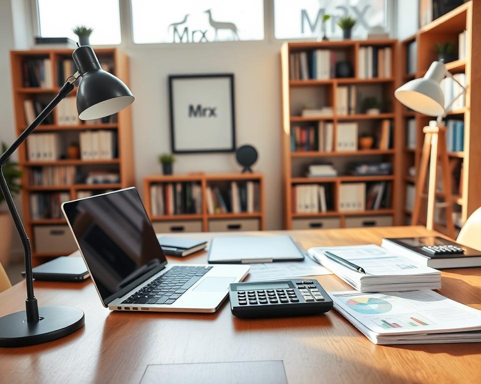 A well-lit, neatly organized home office setup with various financial advisor tools and resources. In the foreground, a wooden desk with a sleek laptop, a stylish desk lamp, and a stack of financial planning documents. On the desk, a modern tablet and a professional-grade calculator. In the middle ground, bookshelves filled with finance-related books and a framed MrX logo on the wall. The background features large windows allowing natural light to flood the space, creating a warm and inviting atmosphere conducive to financial advisory work. A well-lit, neatly organized home office setup with various financial advisor tools and resources. In the foreground, a wooden desk with a sleek laptop, a stylish desk lamp, and a stack of financial planning documents. On the desk, a modern tablet and a professional-grade calculator. In the middle ground, bookshelves filled with finance-related books and a framed MrX logo on the wall. The background features large windows allowing natural light to flood the space, creating a warm and inviting atmosphere conducive to financial advisory work.