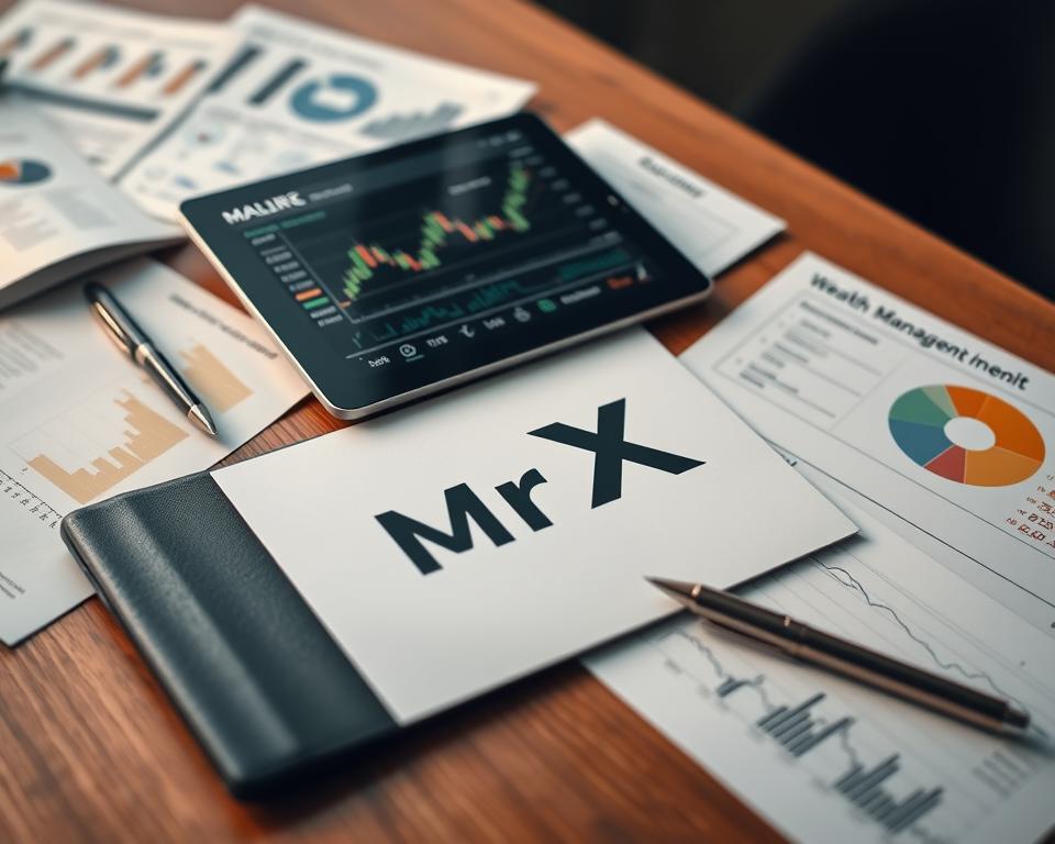 a professional, highly detailed image of a wealth management portfolio with the brand name "MrX" displayed prominently. the scene depicts a neatly organized desktop with various financial documents, a tablet displaying stock charts, and a pen and notepad. the lighting is soft and warm, creating a sense of professionalism and expertise. the composition features a clean, minimalist aesthetic with a focus on the key elements of a successful wealth management strategy. the overall mood is one of confidence, reliability, and financial security.