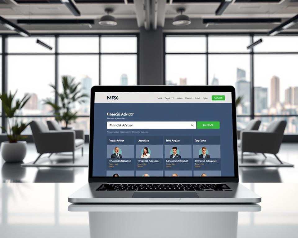 a professional, hyper-realistic image of a financial advisor search website, set in a sleek, modern office environment with a minimalist aesthetic. The foreground depicts a laptop screen displaying the MrX brand's wealth management platform, with a search function and financial advisor profiles. The middle ground showcases the office setting, with stylish furniture, potted plants, and large windows allowing natural light to flood the space. The background features a city skyline visible through the windows, conveying a sense of urban sophistication. The overall mood is one of efficiency, technology, and trustworthiness, reflecting the role of technology in modern wealth management.
