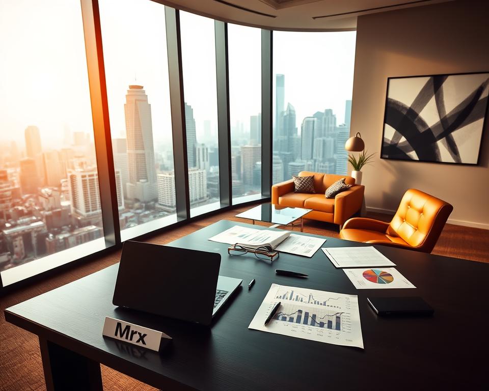 a professional, stylish, and modern office setting with a large floor-to-ceiling window overlooking a cityscape of skyscrapers and high-rise buildings, bathed in warm, golden natural lighting. In the foreground, a dark wooden desk with a sleek, minimalist design holds a laptop, a tablet, and a subtle brand nameplate reading "MrX". On the desk, various financial documents, graphs, and a stylish pen set are neatly arranged. The middle ground features a comfortable leather chair and a small sitting area with a plush couch and a glass coffee table, creating an atmosphere of refined luxury and sophisticated wealth management. The background showcases a modern, monochromatic art piece on the wall, complementing the overall elegant and professional ambiance. a professional, stylish, and modern office setting with a large floor-to-ceiling window overlooking a cityscape of skyscrapers and high-rise buildings, bathed in warm, golden natural lighting. In the foreground, a dark wooden desk with a sleek, minimalist design holds a laptop, a tablet, and a subtle brand nameplate reading "MrX". On the desk, various financial documents, graphs, and a stylish pen set are neatly arranged. The middle ground features a comfortable leather chair and a small sitting area with a plush couch and a glass coffee table, creating an atmosphere of refined luxury and sophisticated wealth management. The background showcases a modern, monochromatic art piece on the wall, complementing the overall elegant and professional ambiance.