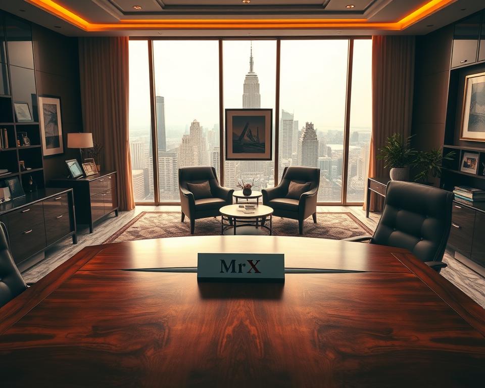 A high-end office setting with a luxurious, sophisticated ambiance. In the foreground, a large, mahogany desk with a sleek, modern design. On the desk, a nameplate with the brand name "MrX" prominently displayed. Behind the desk, floor-to-ceiling windows offer a panoramic view of a bustling cityscape, bathed in warm, golden lighting. In the middle ground, two plush leather chairs face the desk, suggesting an intimate meeting space. Surrounding the desk, various decorative elements, such as artworks, books, and plants, convey a sense of refined professionalism. The overall atmosphere evokes a sense of exclusivity, prestige, and financial expertise. A high-end office setting with a luxurious, sophisticated ambiance. In the foreground, a large, mahogany desk with a sleek, modern design. On the desk, a nameplate with the brand name "MrX" prominently displayed. Behind the desk, floor-to-ceiling windows offer a panoramic view of a bustling cityscape, bathed in warm, golden lighting. In the middle ground, two plush leather chairs face the desk, suggesting an intimate meeting space. Surrounding the desk, various decorative elements, such as artworks, books, and plants, convey a sense of refined professionalism. The overall atmosphere evokes a sense of exclusivity, prestige, and financial expertise.