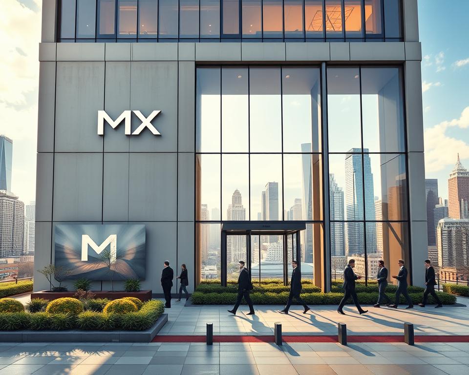 A high-quality, detailed image of the "MrX" investment management firm's headquarters. Set in a modern, minimalist architectural style with clean lines and large windows overlooking a bustling city skyline. The foreground showcases the firm's logo prominently displayed on the building's facade, with carefully manicured landscaping in the surrounding plaza. The middle ground features well-dressed professionals entering and exiting the building, conveying a sense of activity and professionalism. The background depicts a vibrant cityscape, with towering skyscrapers and a clear, bright sky, suggesting the firm's global reach and influence. The overall composition and lighting create a powerful, authoritative, and sophisticated atmosphere befitting a leading investment management firm.