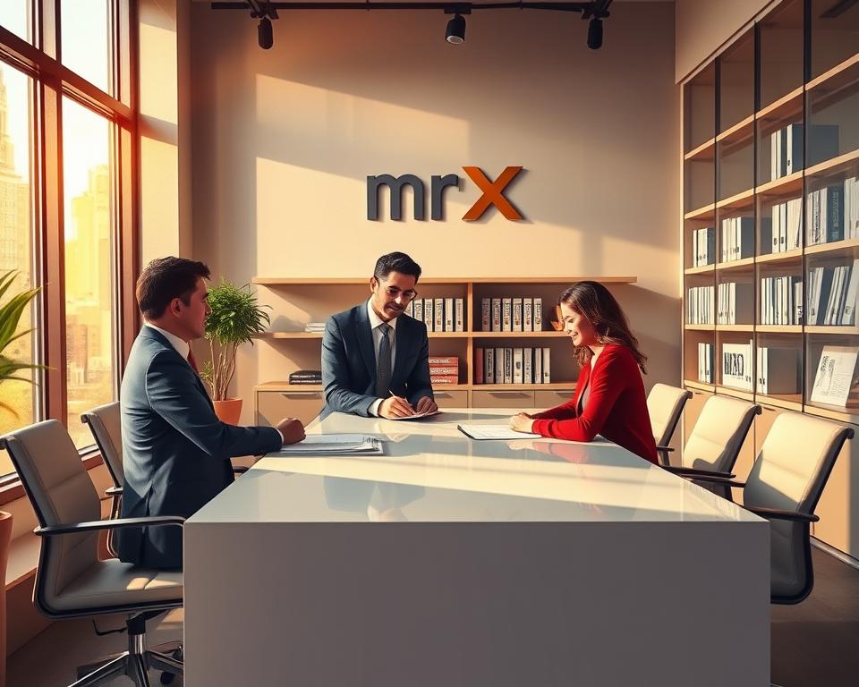 A modern and professional office interior with a prominent "MrX" logo on the wall. The scene depicts two financial advisors, a man and a woman, engaged in a detailed discussion with a client across a sleek, minimalist desk. Warm, natural lighting flows through large windows, casting a soft glow on the participants. The background features shelves of financial books and reports, subtly conveying expertise and authority. The overall mood is one of trust, guidance, and a commitment to personalized wealth management solutions.
