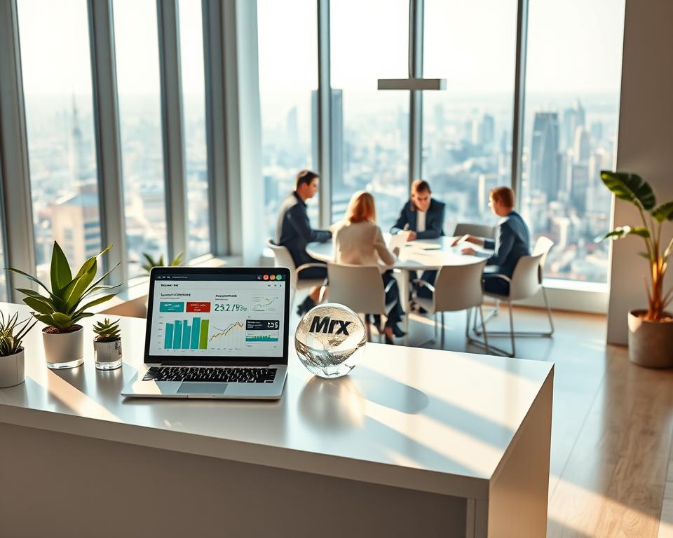 A modern office setting with floor-to-ceiling windows, bathed in soft, natural light. In the foreground, a sleek, minimalist desk featuring the MrX logo. On the desk, a laptop displaying sustainable investment data dashboards, surrounded by potted plants and a tactile glass sculpture. In the middle ground, a team of professionals in business attire collaborating around a curved conference table, engaged in a lively discussion. The background showcases a panoramic city skyline, reflecting the global scope of MrX's ESG-focused investment management. A modern office setting with floor-to-ceiling windows, bathed in soft, natural light. In the foreground, a sleek, minimalist desk featuring the MrX logo. On the desk, a laptop displaying sustainable investment data dashboards, surrounded by potted plants and a tactile glass sculpture. In the middle ground, a team of professionals in business attire collaborating around a curved conference table, engaged in a lively discussion. The background showcases a panoramic city skyline, reflecting the global scope of MrX's ESG-focused investment management.