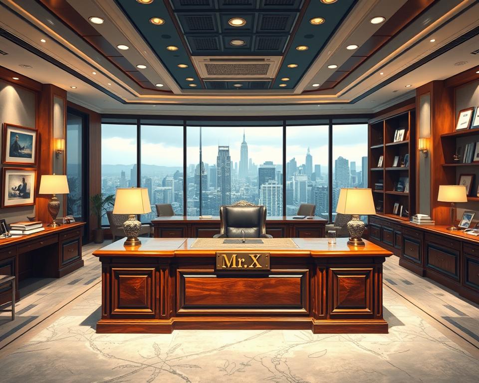 A private banking office with a modern, sophisticated interior. The focal point is a large, ornate wooden desk with a brass nameplate reading "MrX" in the center. Soft lighting from floor lamps and recessed ceiling fixtures creates a warm, inviting atmosphere. The walls are adorned with framed artwork and shelves displaying awards and financial documents. In the background, a panoramic window offers a view of a bustling cityscape. The overall scene conveys an aura of exclusivity, wealth, and personalized financial services.
