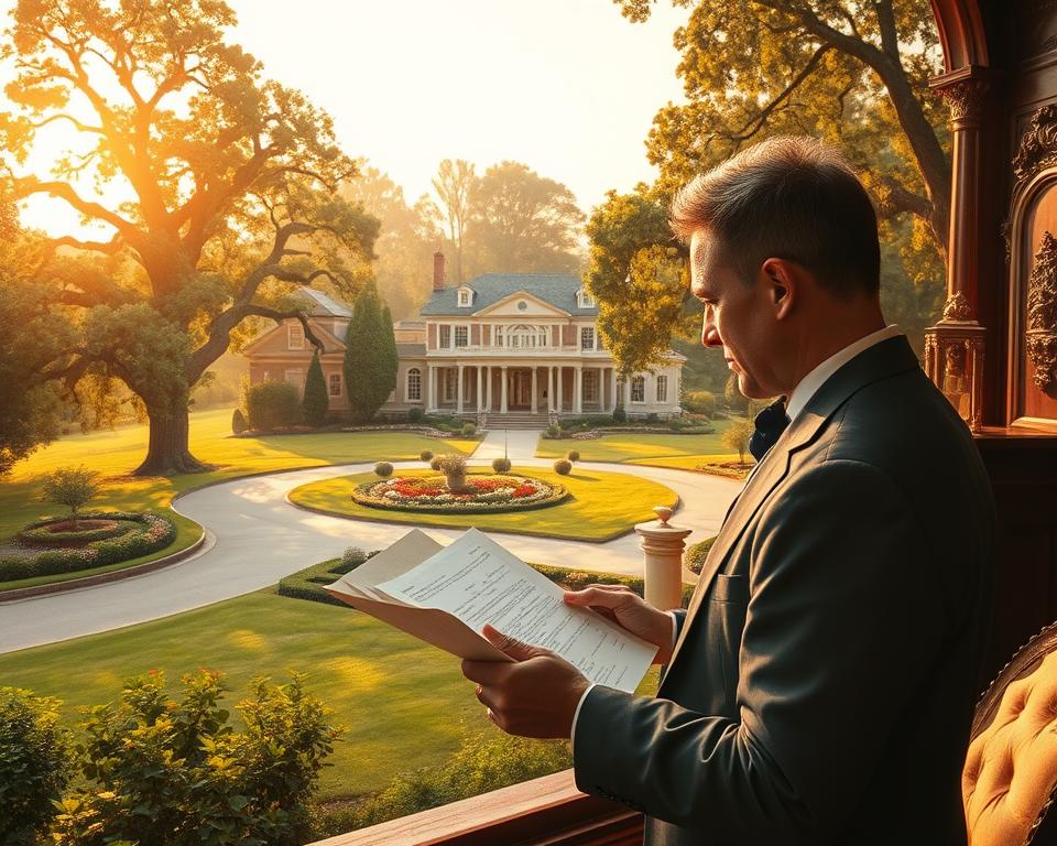 A serene, verdant estate with a stately manor at its center, surrounded by manicured gardens and a winding driveway lined with towering oak trees. Warm, golden light filters through the windows, casting a soft glow over the ornate interiors. Elegant furnishings and antique decor evoke a timeless, refined ambiance. In the foreground, a well-dressed individual, MrX, reviews important documents, thoughtfully considering the nuances of strategic wealth management and estate planning. The overall scene conveys a sense of stability, foresight, and the prudent stewardship of legacy. A serene, verdant estate with a stately manor at its center, surrounded by manicured gardens and a winding driveway lined with towering oak trees. Warm, golden light filters through the windows, casting a soft glow over the ornate interiors. Elegant furnishings and antique decor evoke a timeless, refined ambiance. In the foreground, a well-dressed individual, MrX, reviews important documents, thoughtfully considering the nuances of strategic wealth management and estate planning. The overall scene conveys a sense of stability, foresight, and the prudent stewardship of legacy.