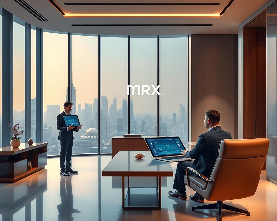 A sleek and modern banking office with minimalist decor, soft ambient lighting, and large windows overlooking a bustling city skyline. In the foreground, a professional consultant in a tailored suit meets with a client, discussing financial strategies on a high-tech digital display. The middle ground features elegant furniture, including a polished wooden desk and plush leather chairs. In the background, the MrX logo is subtly displayed, conveying a sense of prestige and expertise. The overall atmosphere exudes sophistication, efficiency, and a commitment to providing exceptional private banking services.