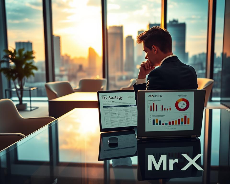 A sleek office interior with modern, minimalist furniture. In the foreground, a businessman wearing a suit sits at a glass desk, deep in thought as he reviews financial documents. Above the desk, a large window with city skyline in the background, bathed in warm, golden light. On the desk, a laptop displaying tax strategy diagrams and charts, alongside a stylized "MrX" logo. The atmosphere conveys a sense of wealth, sophistication, and strategic financial planning.