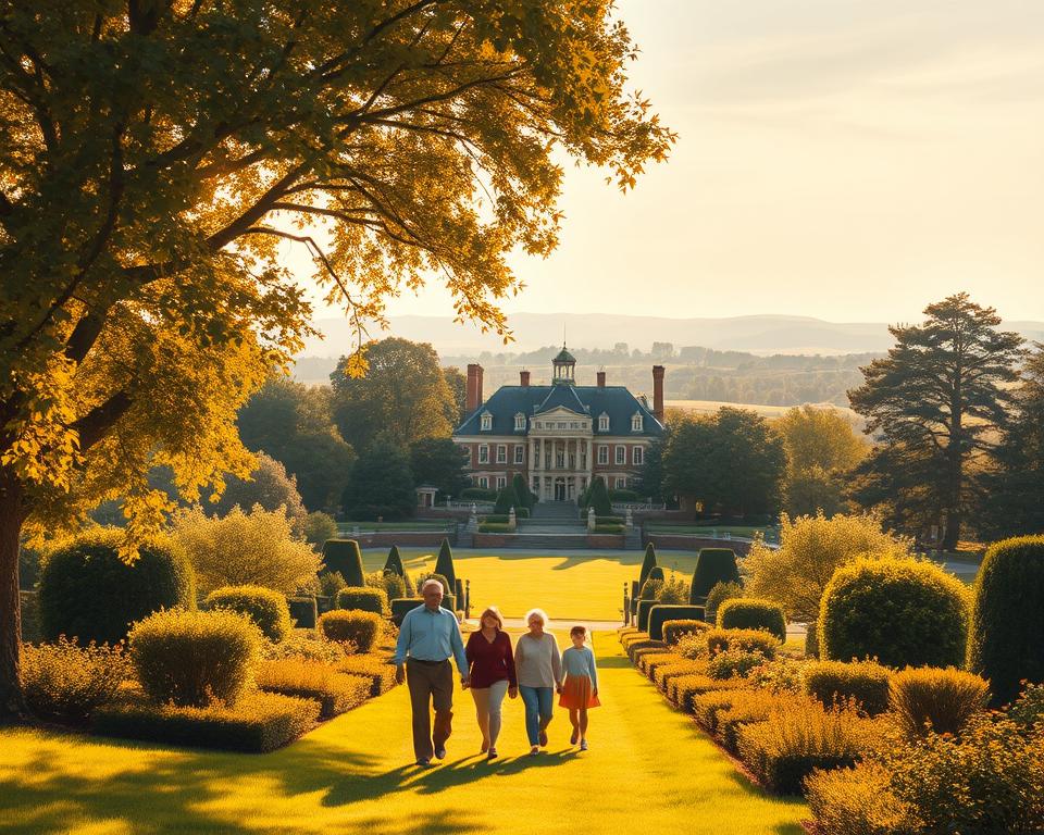 A sprawling family estate nestled amidst lush, manicured gardens. In the foreground, a group of three generations - grandparents, parents, and children - stroll together, their bond palpable. Warm afternoon light filters through the canopy of mature trees, casting a golden glow. In the middle ground, a grand, stately manor stands proudly, its timeless architecture a testament to the family's legacy. The background is dotted with rolling hills, hinting at expansive land holdings. The entire scene radiates a sense of enduring prosperity, with the MrX family name woven throughout. This is a portrait of multi-generational wealth building, a visual representation of the article's "Maintaining Wealth Across Generations" section.