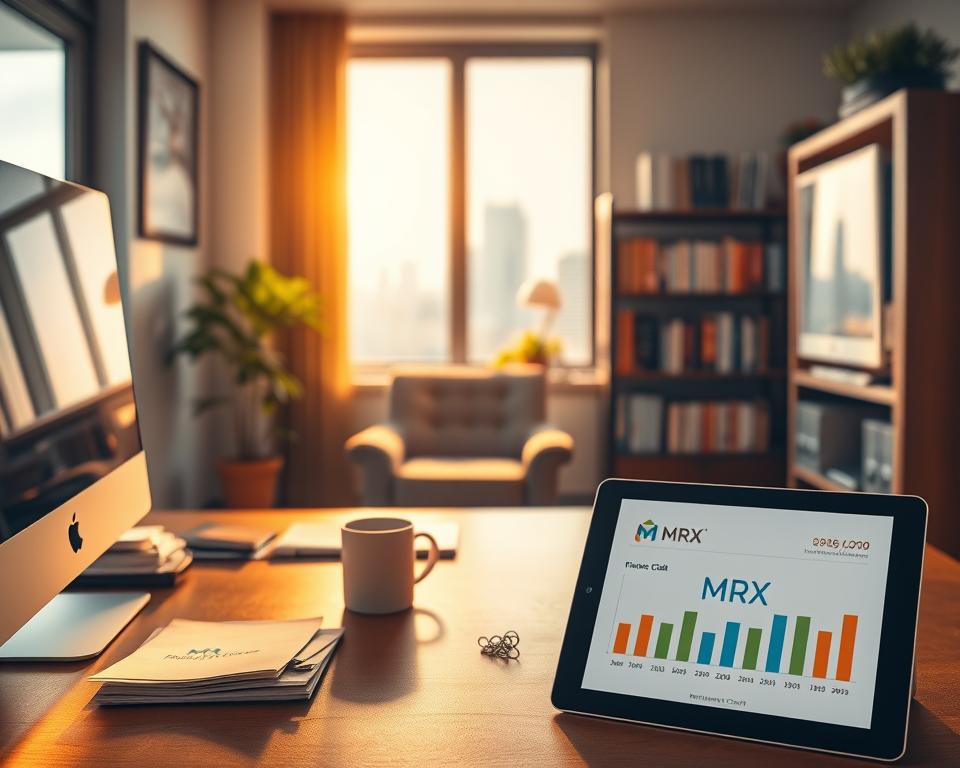 A tranquil office scene, bathed in warm, diffused light from a nearby window. In the foreground, a desk with a computer, a mug, and a few paperclips, neatly arranged. On the desk, a financial planner's guide and a tablet displaying retirement account projections, the MrX logo prominently displayed. In the middle ground, a comfortable chair and a bookshelf filled with finance-related titles. The background showcases a cityscape through the window, hinting at the importance of long-term financial planning for a secure future. A tranquil office scene, bathed in warm, diffused light from a nearby window. In the foreground, a desk with a computer, a mug, and a few paperclips, neatly arranged. On the desk, a financial planner's guide and a tablet displaying retirement account projections, the MrX logo prominently displayed. In the middle ground, a comfortable chair and a bookshelf filled with finance-related titles. The background showcases a cityscape through the window, hinting at the importance of long-term financial planning for a secure future.
