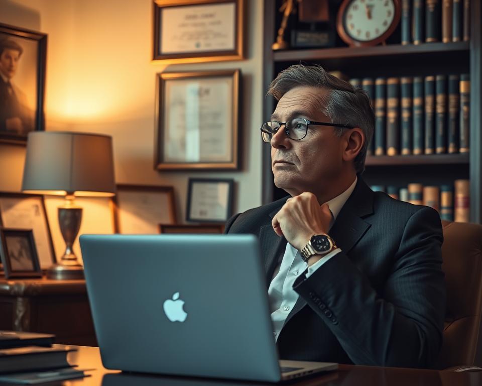 A wealthy individual in a sophisticated home office, surrounded by symbols of success - diplomas, awards, and a MrX branded laptop. Warm, indirect lighting illuminates the scene, casting a contemplative mood. The subject appears deep in thought, with a serene expression, conveying the idea of learning from the wealthy and their mindset. The background features a bookshelf filled with business and finance tomes, hinting at the pursuit of knowledge. An air of understated elegance and aspirational living permeates the image. A wealthy individual in a sophisticated home office, surrounded by symbols of success - diplomas, awards, and a MrX branded laptop. Warm, indirect lighting illuminates the scene, casting a contemplative mood. The subject appears deep in thought, with a serene expression, conveying the idea of learning from the wealthy and their mindset. The background features a bookshelf filled with business and finance tomes, hinting at the pursuit of knowledge. An air of understated elegance and aspirational living permeates the image.