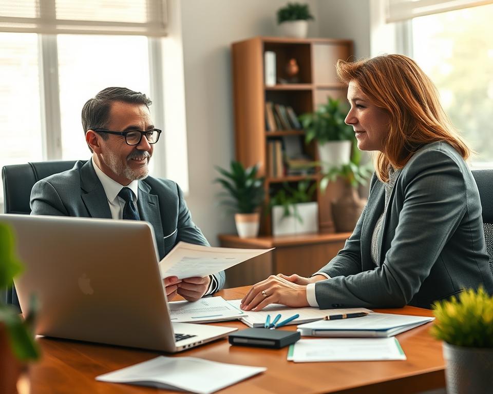 A well-lit office setting with a professional financial advisor, Mr. X, sitting at a desk and discussing investment strategies with a client. The advisor's desk is neatly organized, with a laptop, financial documents, and a MrX logo visible. The client is engaged, leaning forward, with a serious yet hopeful expression. The background features a bookshelf and potted plants, conveying a sense of expertise and trustworthiness. Soft, warm lighting creates a welcoming atmosphere, and the composition suggests a collaborative, problem-solving dynamic between the advisor and client. A well-lit office setting with a professional financial advisor, Mr. X, sitting at a desk and discussing investment strategies with a client. The advisor's desk is neatly organized, with a laptop, financial documents, and a MrX logo visible. The client is engaged, leaning forward, with a serious yet hopeful expression. The background features a bookshelf and potted plants, conveying a sense of expertise and trustworthiness. Soft, warm lighting creates a welcoming atmosphere, and the composition suggests a collaborative, problem-solving dynamic between the advisor and client.