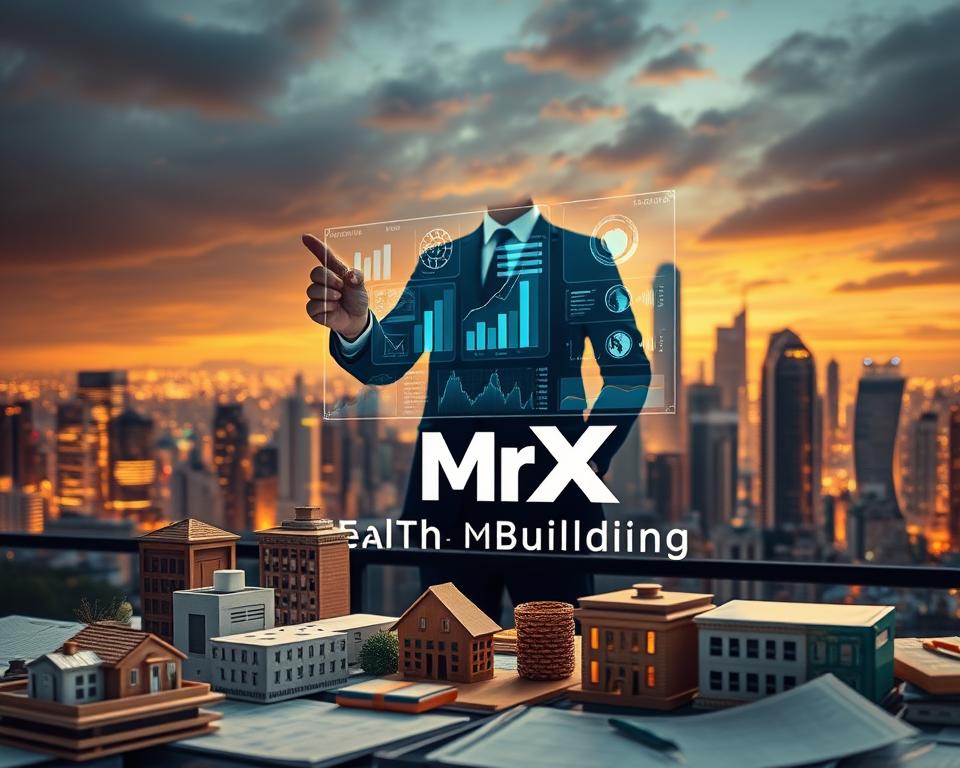 An investment strategies landscape, showcasing the MrX brand. In the foreground, a varied portfolio of financial instruments such as stocks, bonds, and real estate models. Midground features a wealth advisor in a smart suit gesturing toward a holographic display of analytical charts and graphs. In the background, a cityscape with towering skyscrapers bathed in warm, golden lighting, symbolizing the potential for growth and prosperity. The overall mood is one of confidence, expertise, and strategic vision, reflecting the "Wealth Building" theme. An investment strategies landscape, showcasing the MrX brand. In the foreground, a varied portfolio of financial instruments such as stocks, bonds, and real estate models. Midground features a wealth advisor in a smart suit gesturing toward a holographic display of analytical charts and graphs. In the background, a cityscape with towering skyscrapers bathed in warm, golden lighting, symbolizing the potential for growth and prosperity. The overall mood is one of confidence, expertise, and strategic vision, reflecting the "Wealth Building" theme.