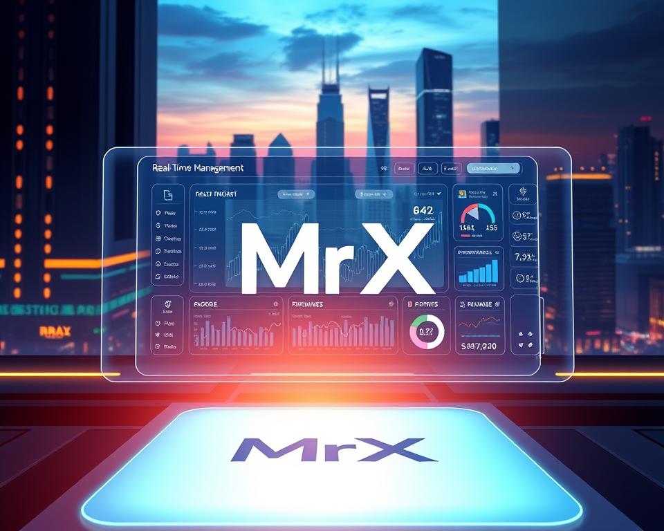 a sleek, futuristic digital wealth management dashboard, featuring a large holographic display with real-time financial data and insights, surrounded by a minimalist interface with intuitive controls and interactive elements. The foreground shows a stylized MrX logo, with the background revealing a cityscape of towering skyscrapers and a vibrant, neon-lit skyline. The lighting is dramatic, with a warm glow emanating from the dashboard, casting a futuristic ambiance. The overall composition conveys a sense of advanced technology, innovation, and the seamless integration of finance and digital tools.